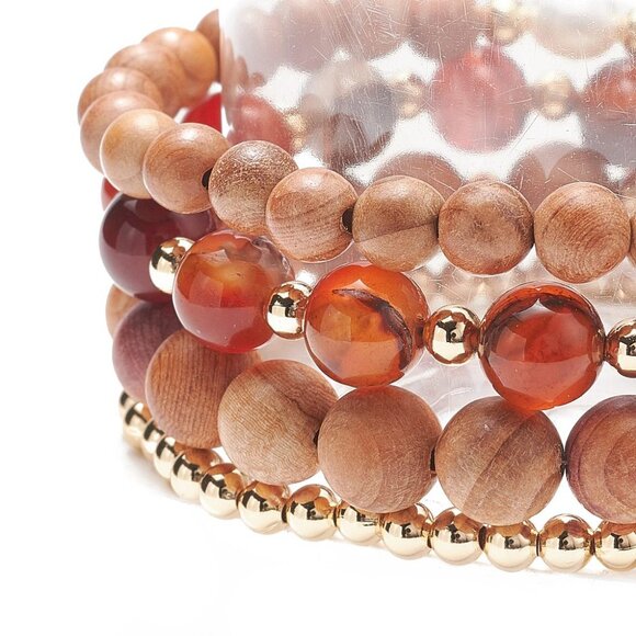 NWOT 4pc stacking set Natural Pearl, Agate and Wood Beaded Stretch Bracelets - Picture 7 of 8